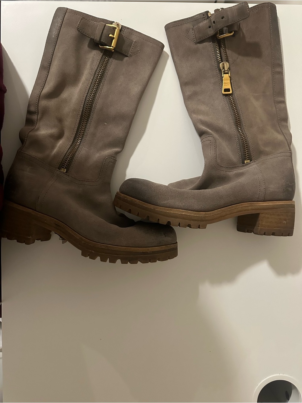 Prada Taupe Suede Over-the-Knee Boots with Gold Hardware - Picture 13 of 15
